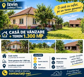 Casa veche, teren 1300mp, 2 fronturi, strazi asfaltate - Izvin