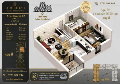 Apartament 02A, Corp A – 2 camere | 55,60 mp | Jabri Nord Residence - Timisoara